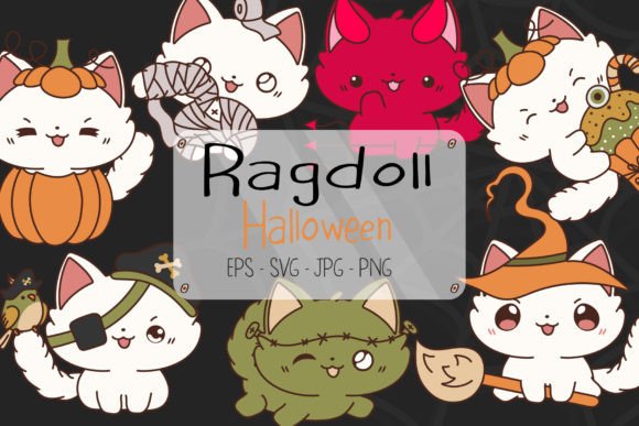 Adorable Halloween Decor: Set Halloween Ragdoll Cat Illustrations