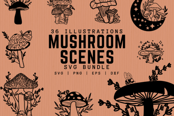 Enchanting Mushroom Scenes SVG Illustrations: 36 Whimsical Designs