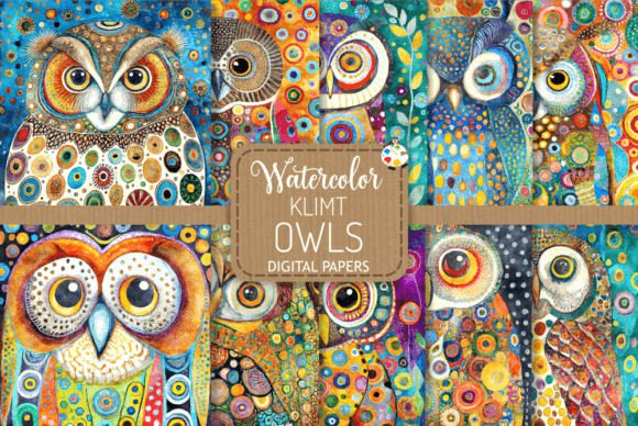 Klimt Owls Watercolor Illustrations for Creative Projects
