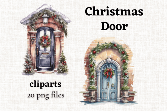 Watercolor Christmas Door Illustrations: A Festive Design Asset